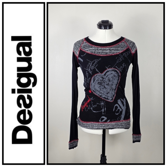 Desigual Long Sleeve Graphic Knit Top Black Gray Red Heart Print Women’s Size S - Picture 1 of 10